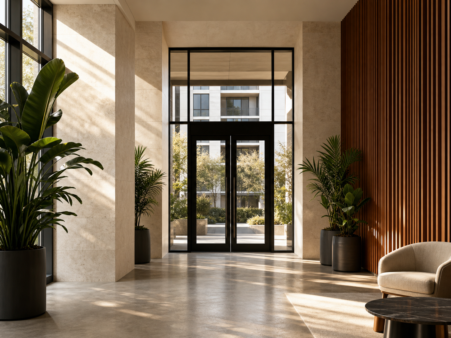 Entrada de un edificio residencial con plantas y detalles de madera