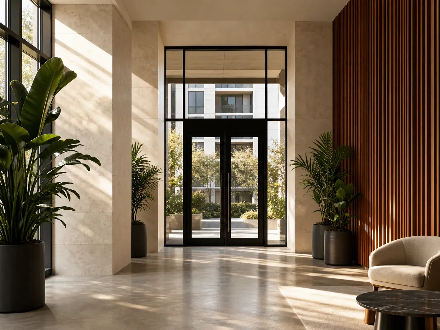 Entrada de un edificio residencial con plantas y detalles de madera