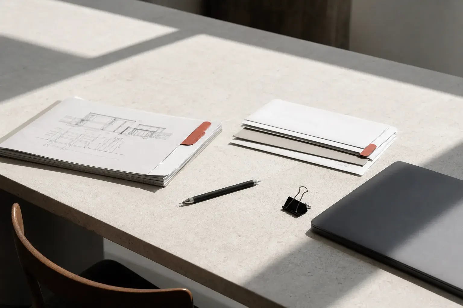 Documentos, gastos y pendientes del edificio ordenados sobre una mesa