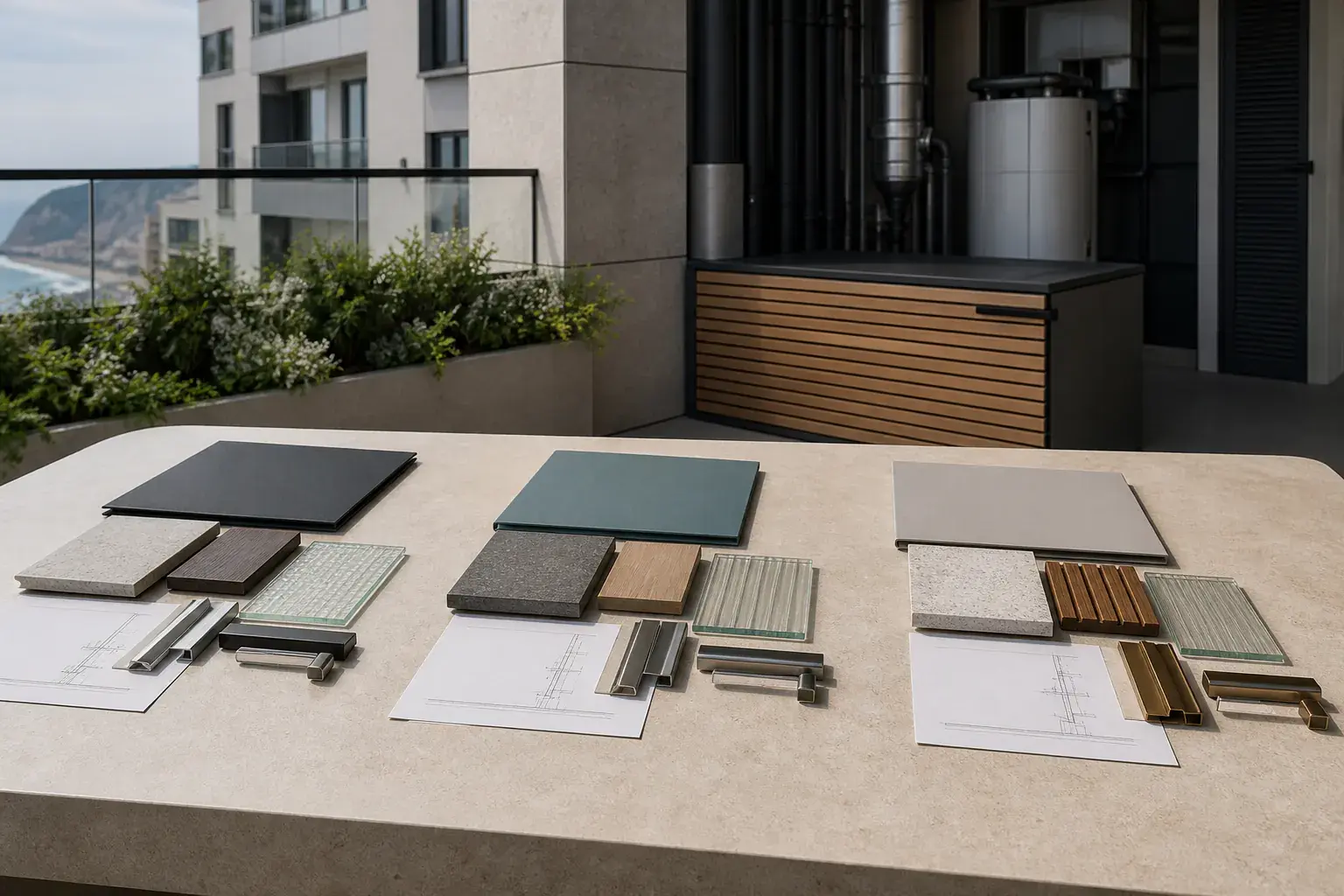 Muestras de materiales y propuestas técnicas organizadas para comparar proveedores de un edificio
