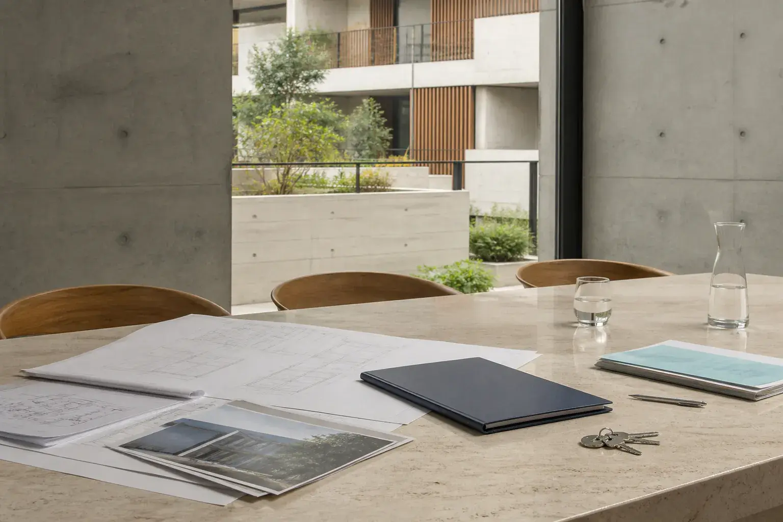 Mesa de revisión en un edificio residencial con planos, reportes y detalles arquitectónicos de Lima