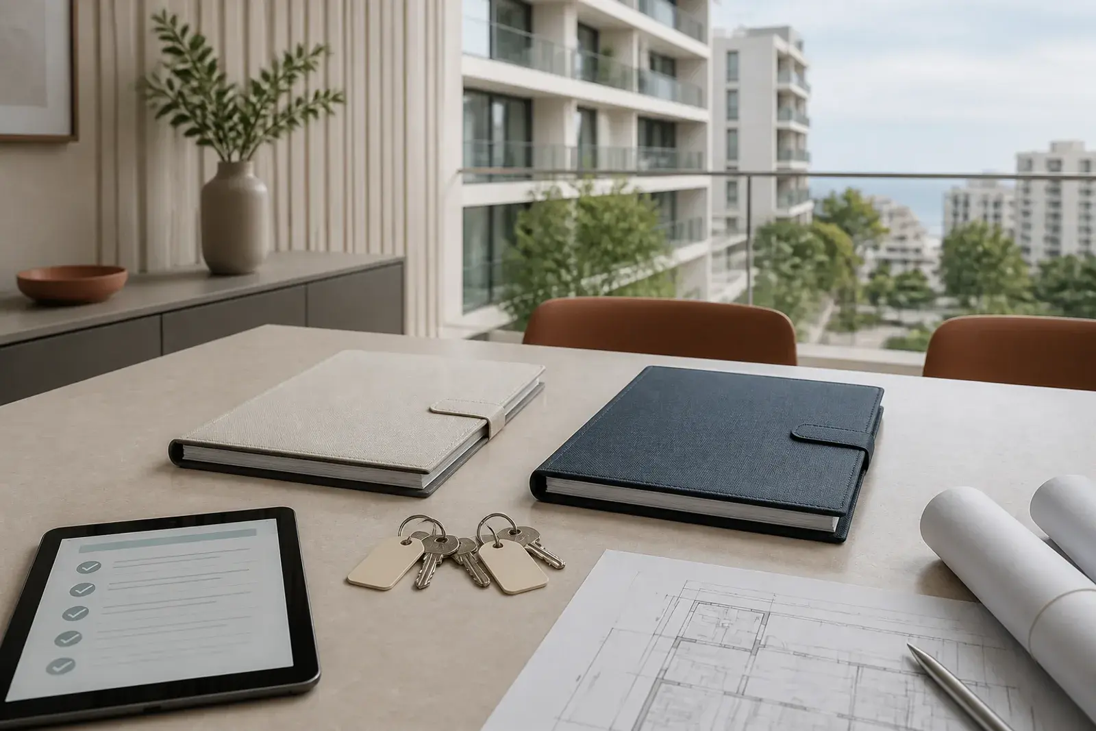 Documentos, llaves, planos y lista de control preparados para la transición administrativa de un edificio residencial